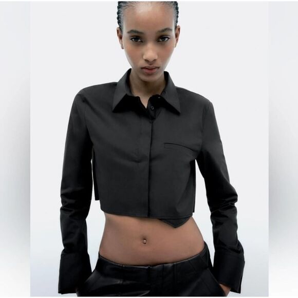 Zara NWT Long Sleeve Cropped Button Down Shirt Blouse Black Size XS - Picture 1 of 8